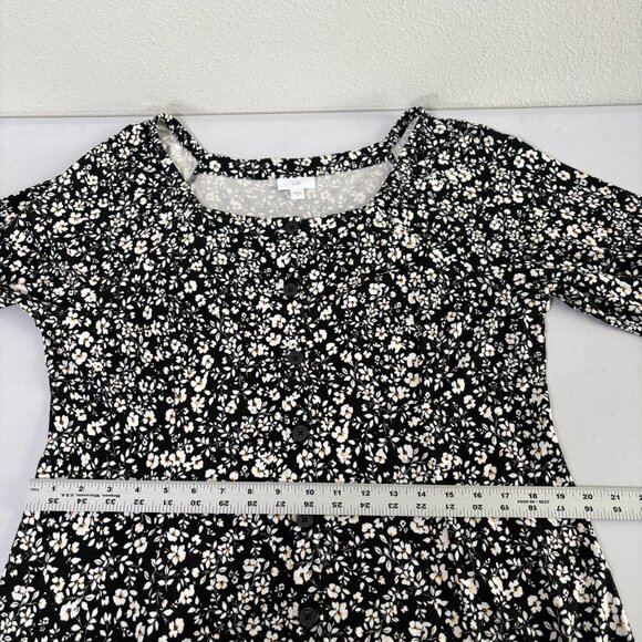 J Jill Midi Dress Size L Black White Floral Button Front 3/4 Sleeve Cottage - Picture 8 of 12